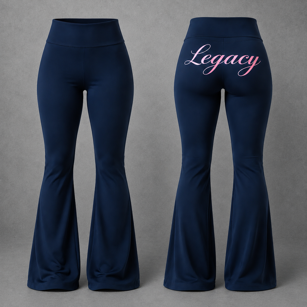 Front and back views of navy blue high-waisted flare leggings. The back view features the word 'Legacy' printed in a pink-to-white gradient script across the upper buttocks, set against a neutral gray background.