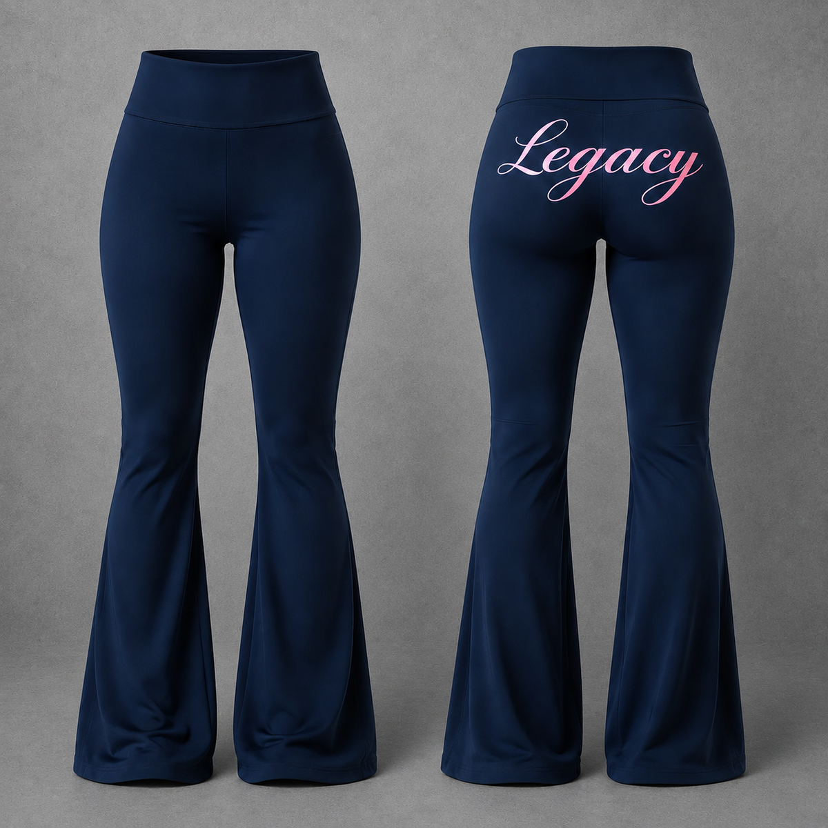 Front and back views of navy blue high-waisted flare leggings. The back view features the word 'Legacy' printed in a pink-to-white gradient script across the upper buttocks, set against a neutral gray background.