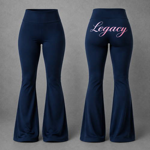 Front and back views of navy blue high-waisted flare leggings. The back view features the word 'Legacy' printed in a pink-to-white gradient script across the upper buttocks, set against a neutral gray background.
