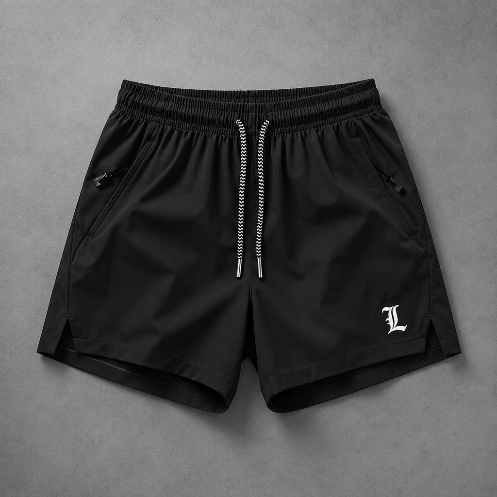Black athletic shorts with a white drawstring and a white Gothic-style 'L' logo on the lower left leg, laid flat on a textured gray background.